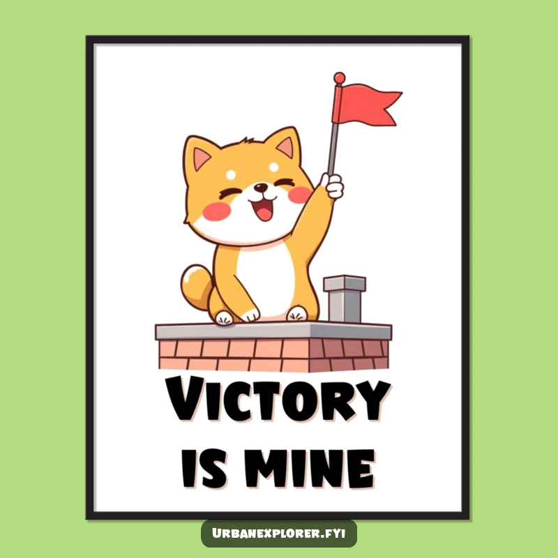 Funny Shiba Inu Flag Poster: Delighted Dog's Rooftop Triumph, Inspiring Funny Wall Art Gift
