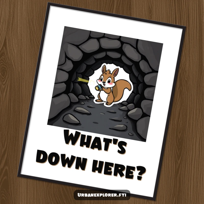 Playful squirrel with a flashlight investigating a dark, forgotten tunnel, depicted on a vibrant and humorous poster.