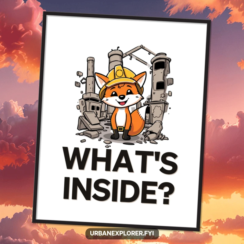 Funny fox wearing a hard hat exploring a dilapidated factory, depicted on a vibrant and humorous poster.