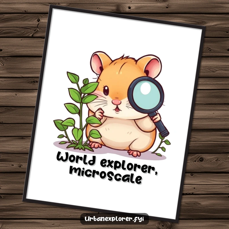 Funny hamster poster, a curious hamster with a magnifying glass, examining a tiny overgrown weed, a humorous piece of wall art.