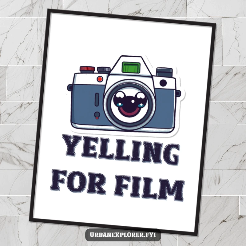 Funny retro camera with surprised cartoon eyes, displayed as a stylish and humorous poster for wall art.