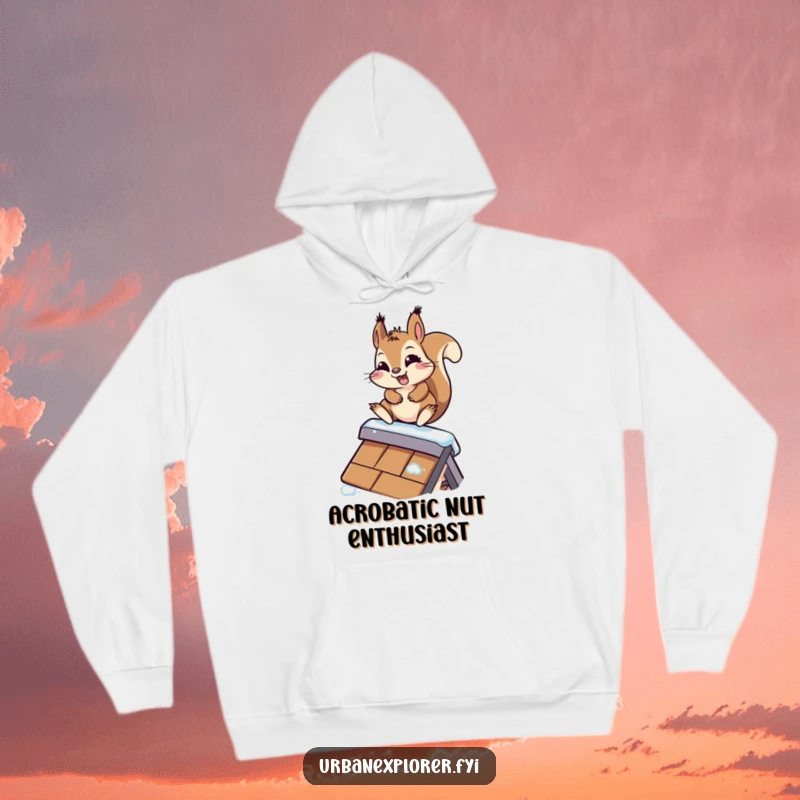 Funny Kawaii Squirrel Hoodie: A determined kawaii squirrel slides down a rooftop, bringing humor and warmth for screen readers.