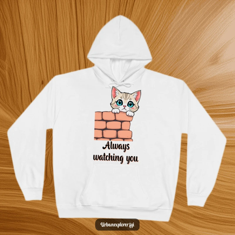 Funny curious cat peering over a brick wall on a cozy and humorous hoodie, ideal for mystery lovers.