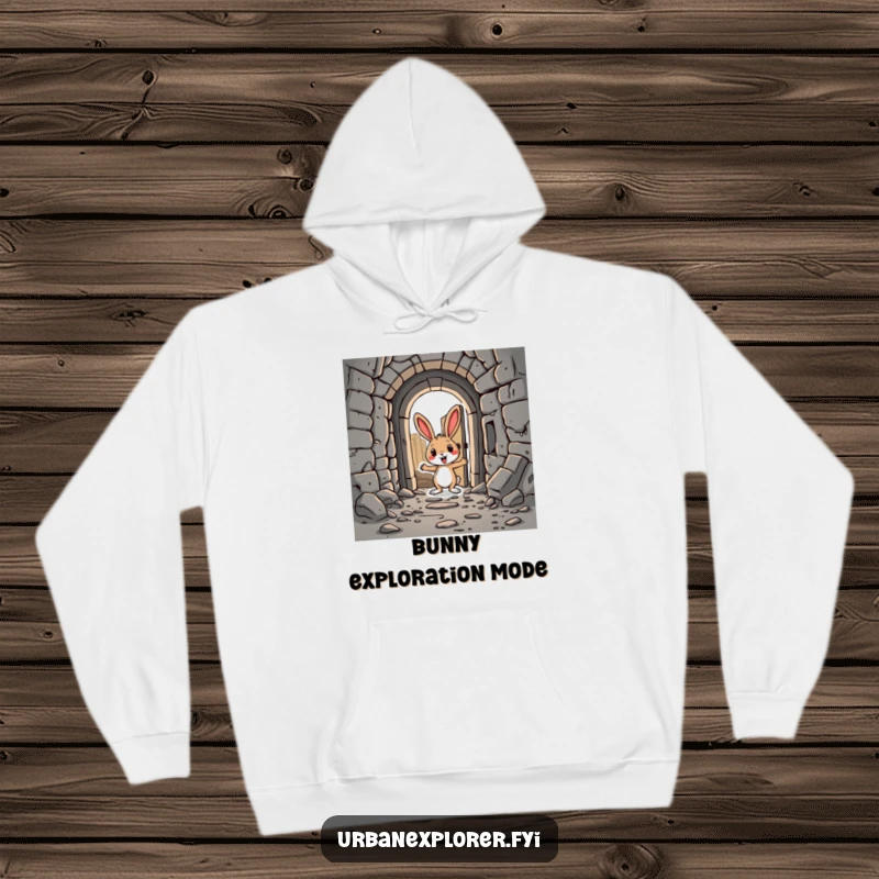 Funny Rabbit Hoodie: A silly cartoon rabbit peeking out from a hidden doorway in an abandoned city, offering cozy, humorous warmth.