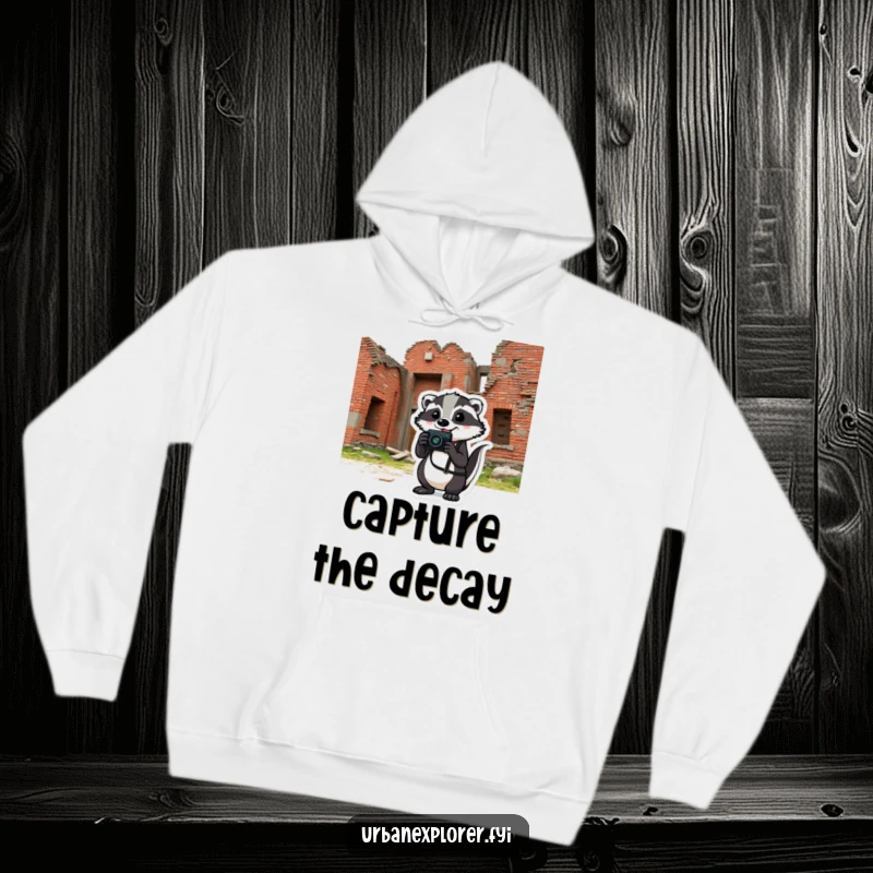Comical badger holding a camera in front of a crumbling brick building, printed on a cozy and humorous hoodie.