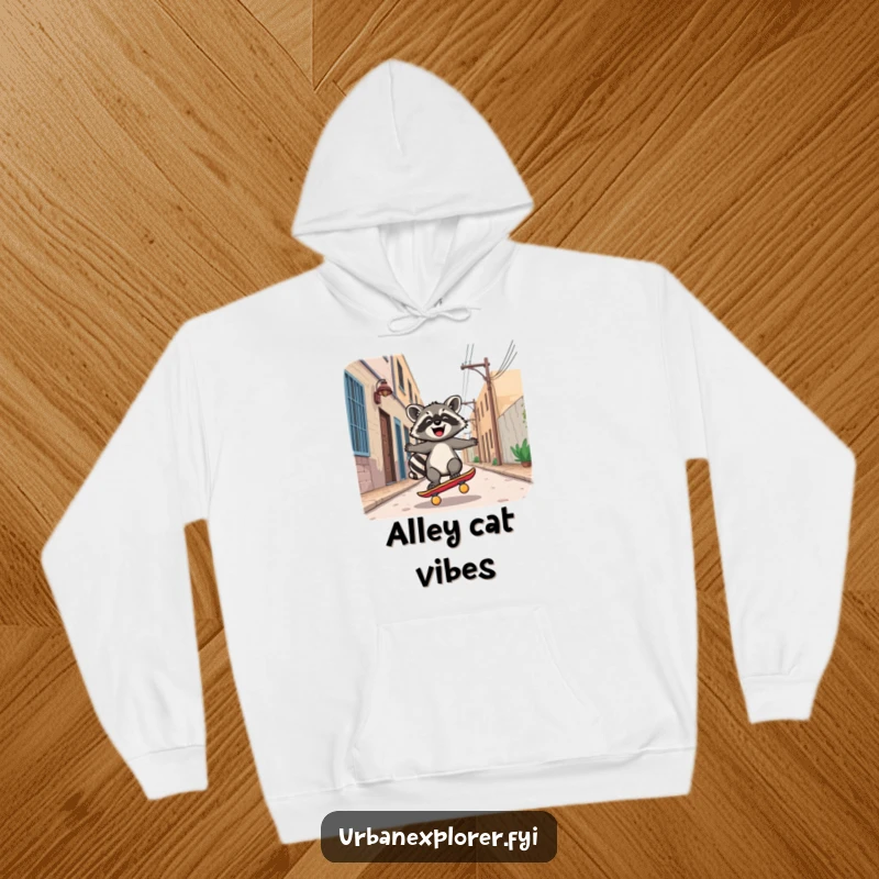 Funny Hoodie: Cozy garment featuring a joyful Kawaii raccoon riding a skateboard down a deserted alley, showcasing street style.