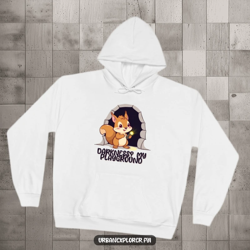 Funny squirrel hoodie showing a brave critter holding a flashlight, exploring the mystery behind a dark, inviting doorway.