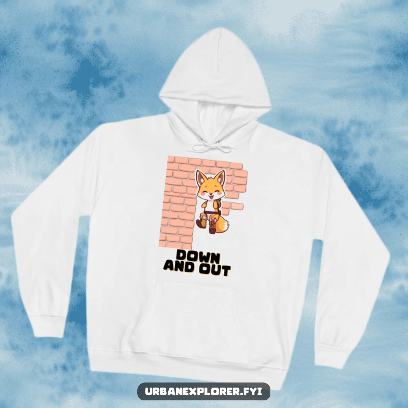Funny fox hoodie: a smiling fox wearing tiny boots, rappelling down a brick wall, symbolizing courage and a love for adventure.