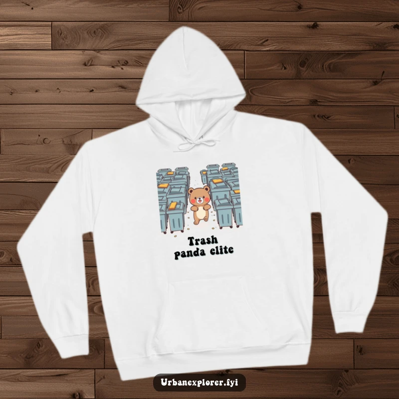 Funny bear bravely exploring a maze of dumpsters with delight, on a soft hoodie.