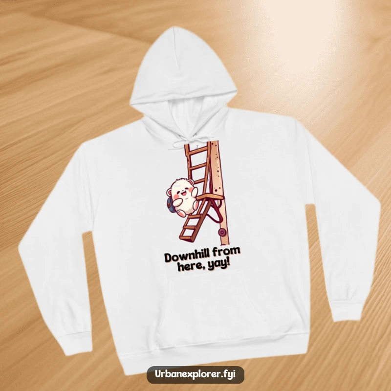 Funny fluffy creature with a backpack gleefully descending a rusty fire escape, featured on a soft and warm hoodie.
