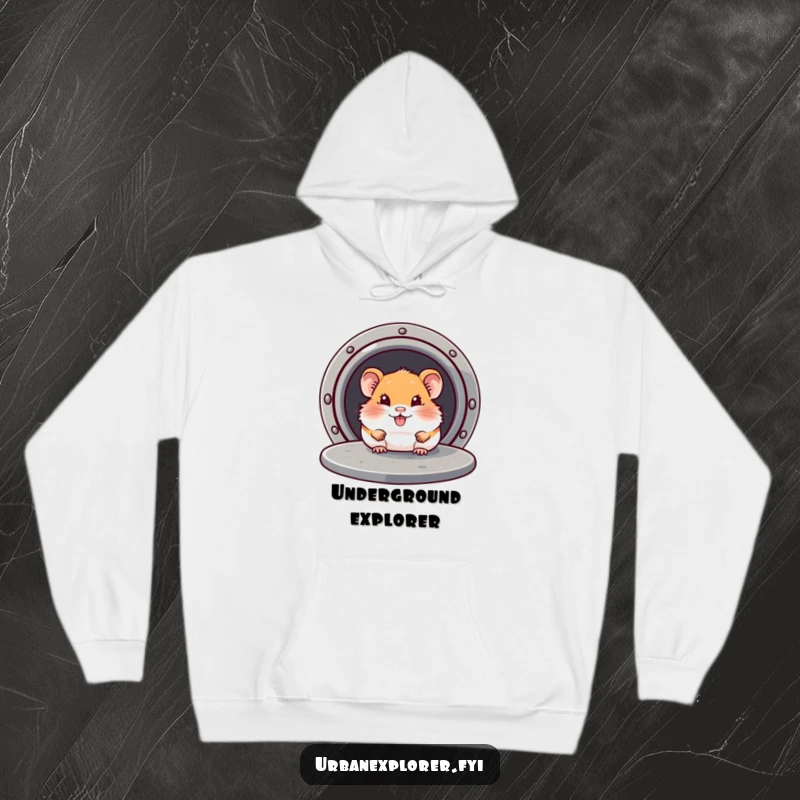 Funny Hamster Hoodie: Hamster peeking from beneath a manhole cover, symbolizing hidden adventures and playful secrets, great for cozy days.