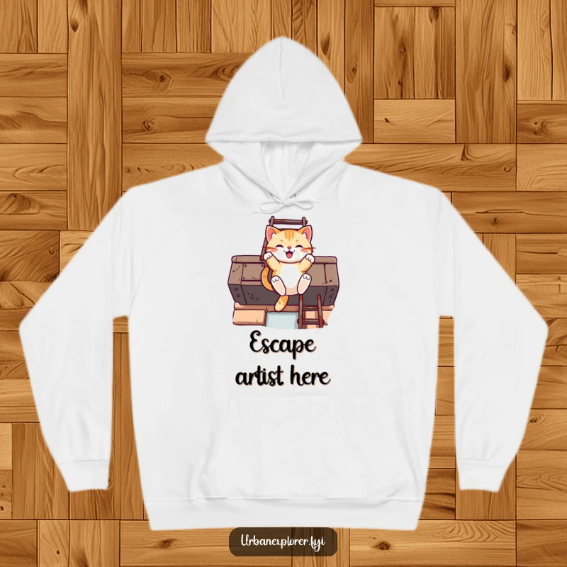 Funny Kawaii cat hoodie with a happy cat swinging off a fire escape, offering cozy urban vibes.