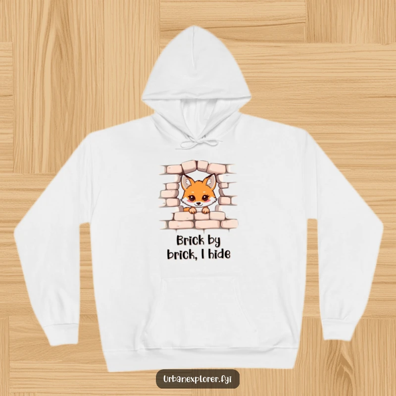 Funny Kawaii Fox Hoodie, cute fox peeking over a brick wall illustration, cozy and warm, excellent funny gift idea.