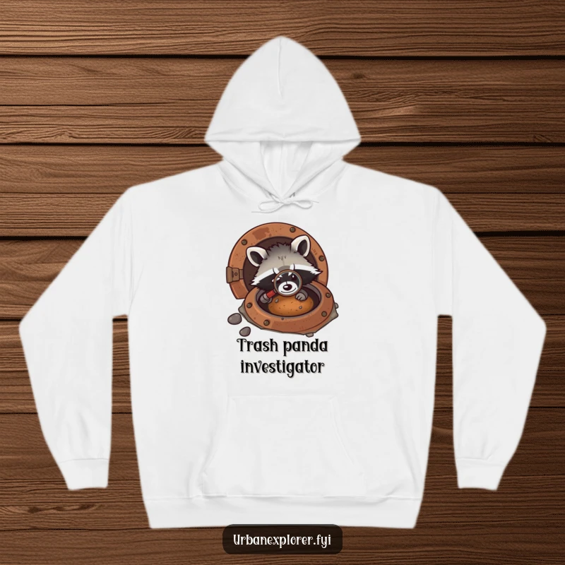 Funny kawaii hoodie with a determined raccoon peering into a rusty manhole with a magnifying glass, looking for answers.