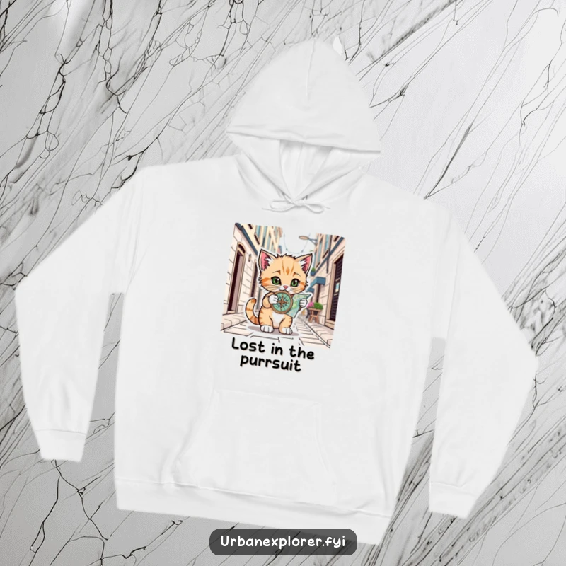 Funny Kitten Hoodie: Cozy hoodie featuring a kitten with a compass on a city map, perfect for urban explorers, funny gift.