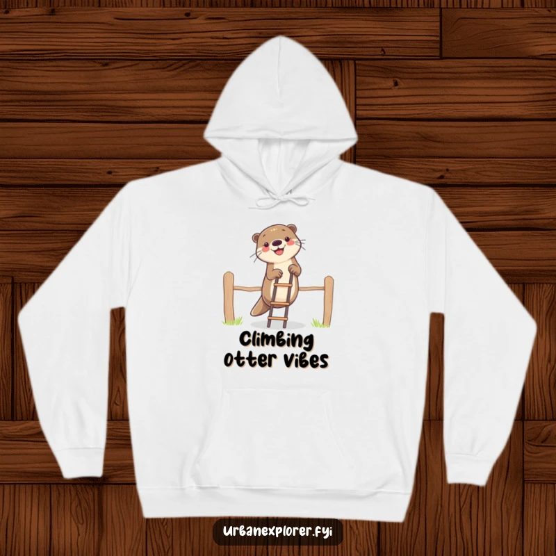 Funny otter character using a ladder to climb a fence, depicted on a cozy hoodie for a humorous and heartwarming look.