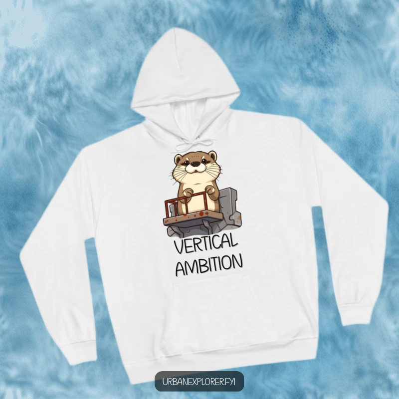 Funny determined otter climbing a rusty fire escape, on a warm and comfortable hoodie.