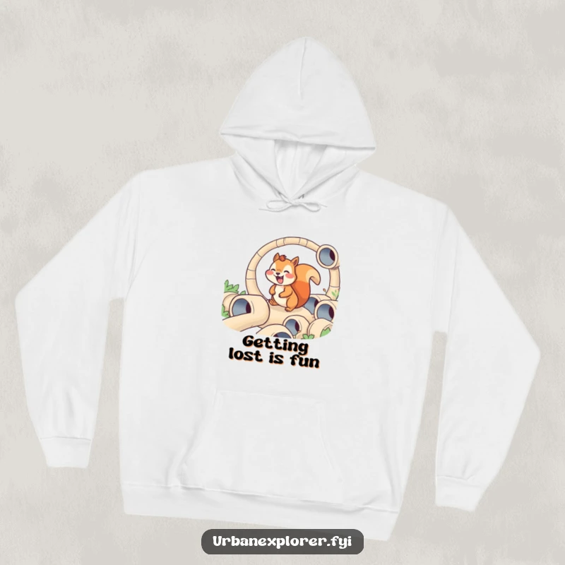 Funny hoodie featuring a joyful squirrel navigating a maze of tiny pipes, offering warmth and a touch of humorous charm.