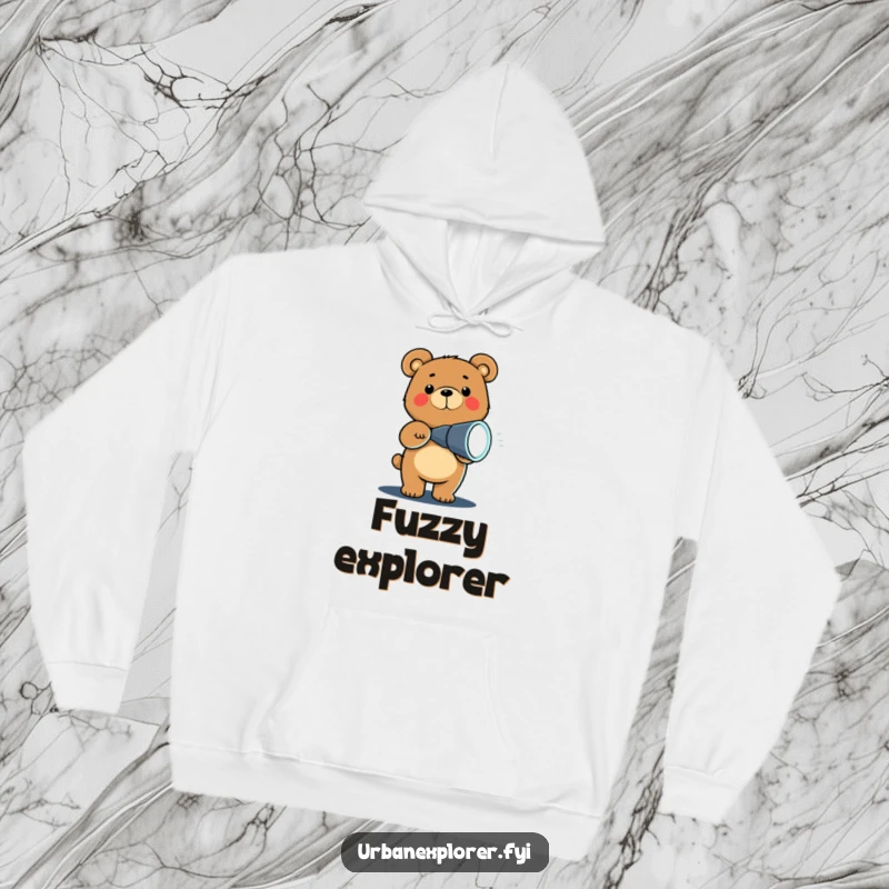 Funny Chibi bear with a flashlight illuminating the dark, featured on a warm and cozy hoodie, perfect for adventure lovers.