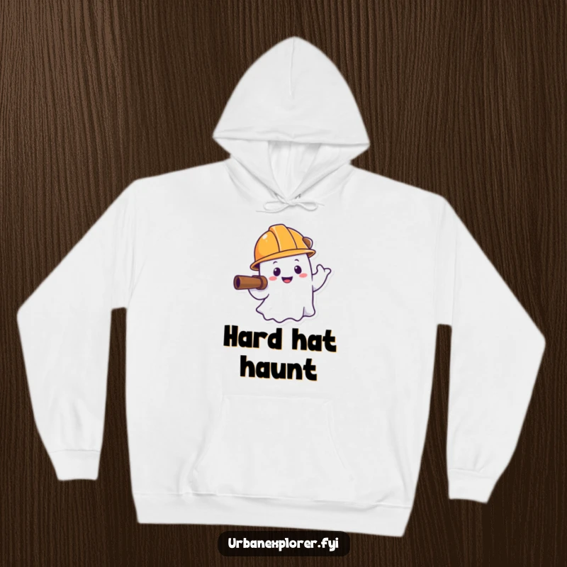 Funny ghost hoodie, smiling explorer, hard hat, cozy sweatshirt, humorous gift for paranormal lover.