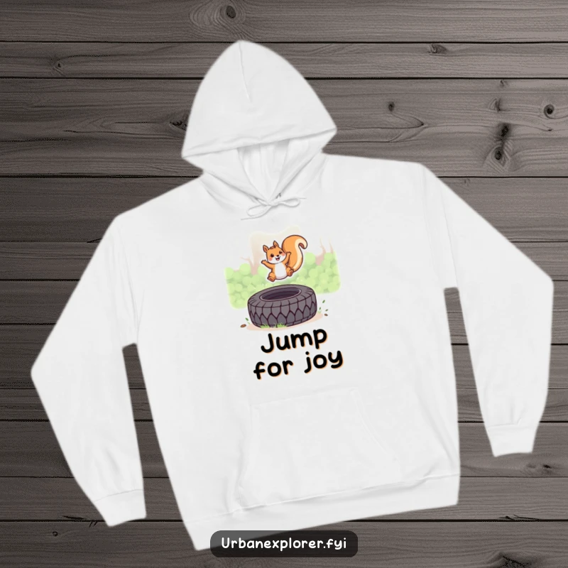 Funny Kawaii Squirrel Hoodie, cute squirrel leaping over a tire, cozy and energetic, excellent funny gift idea.
