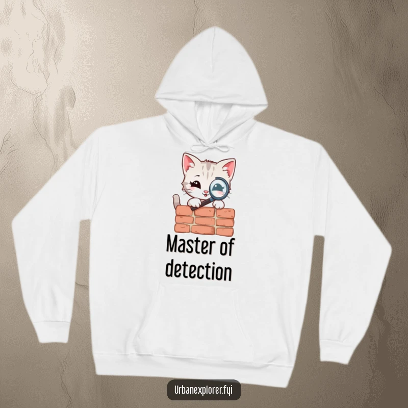 Funny Hoodie featuring a smiling kitten using a magnifying glass to inspect a weathered brick, offering warmth and a hint of playful investigation.
