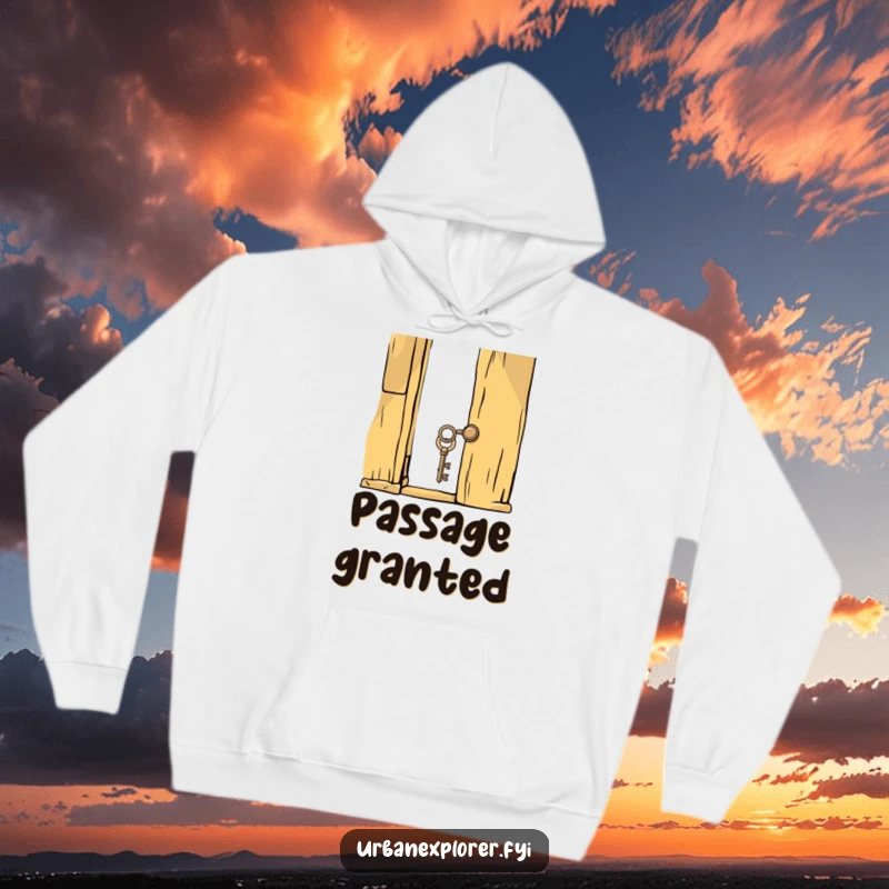 Funny whimsical key unlocking a creaky, old door on a comfortable hoodie, perfect for cozy mystery lovers.