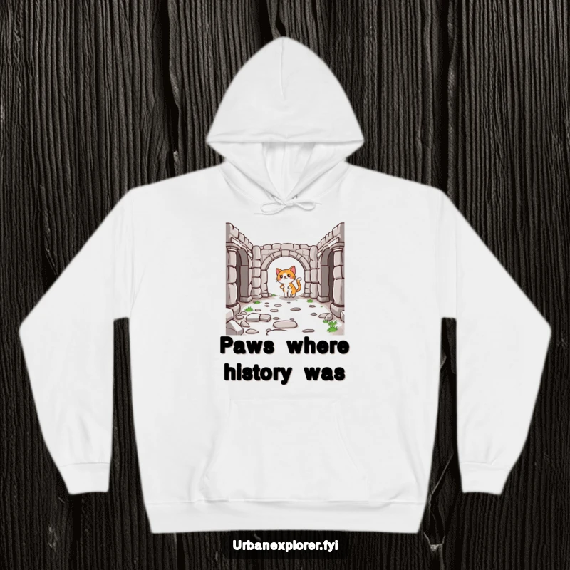 Funny Cat Hoodie: A lighthearted cartoon cat navigating ancient ruins, offering cozy humor and a sense of historical adventure.