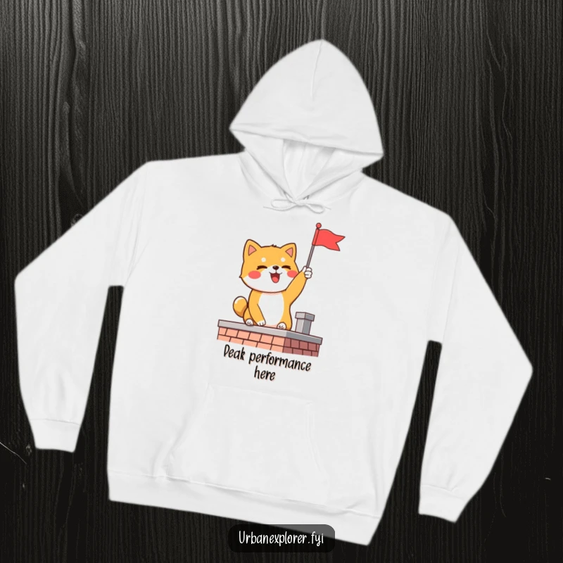 Funny Shiba Inu hoodie of a delighted dog planting a miniature flag on a rooftop, symbolizing ultimate achievement.