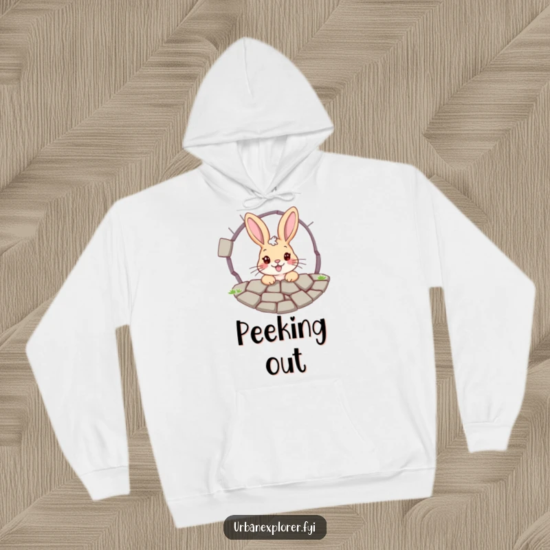 Funny bunny hoodie: a cheerful bunny peeking through a cracked pavement grate, symbolizing wonder, exploration, and a friendly demeanor.