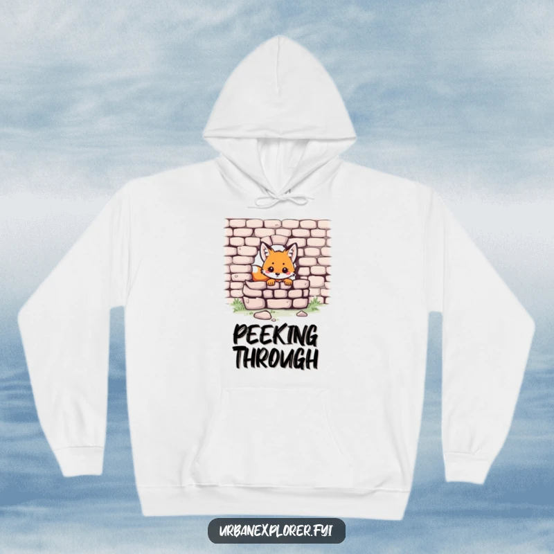 Funny Kawaii fox hoodie with a sweet fox character peeking from a crumbling brick wall, offering maximum coziness.