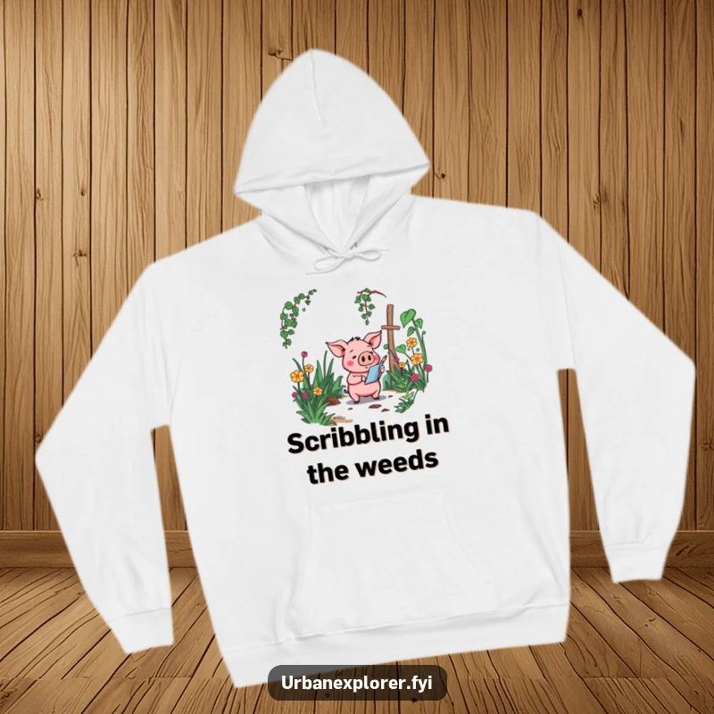 Funny Pig Hoodie: A goofy cartoon pig enjoying the textures of an overgrown, forgotten garden, offering cozy humor.