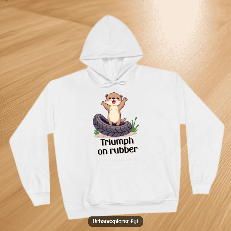 Funny Otter Hoodie: Otter balancing on a tire, celebrating a victory with a grand gesture, perfect for cozy, triumphant moments.