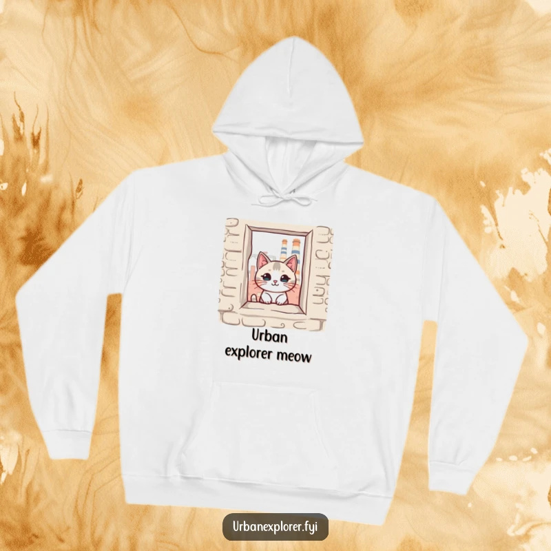 Funny kawaii cat peeking through a broken window of an old factory, depicted on a soft, cozy hoodie, ideal for a funny gift.