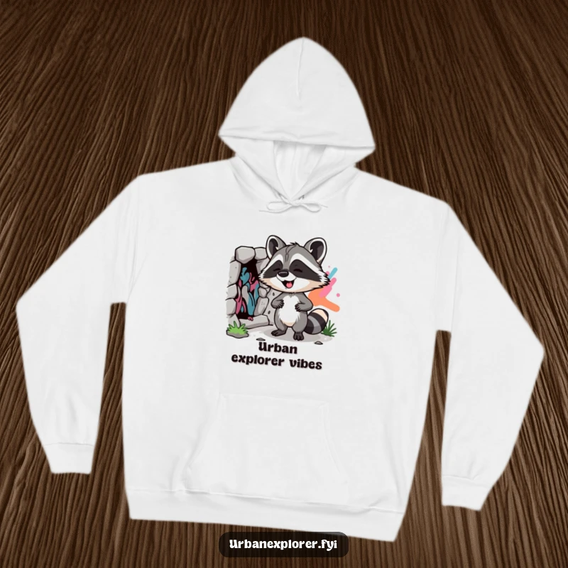 Funny Raccoon Street Art Hoodie: A giggling raccoon discovers street art, a warm and humorous hoodie for urban art fans.