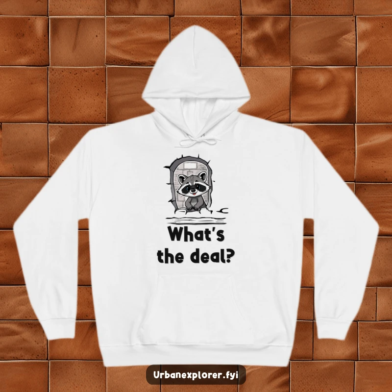 Funny raccoon peeking through a broken warehouse window, printed on a cozy and humorous hoodie.