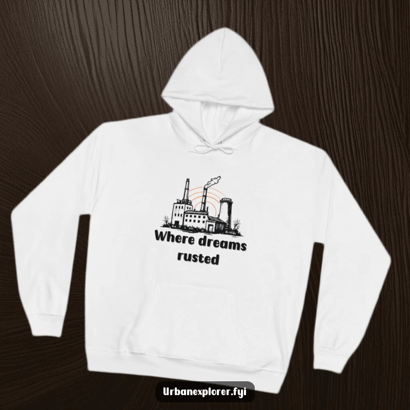 Funny factory hoodie, abandoned building, sunset sketch, cozy urban wear, humorous gift for him or her.