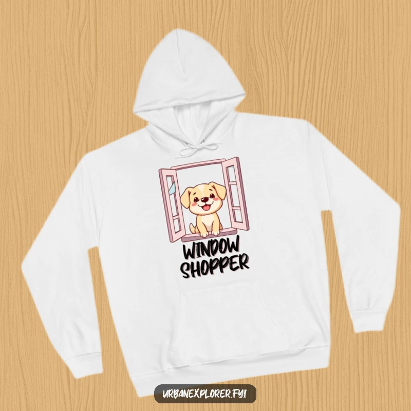 Funny Dog Hoodie: Cheerful dog peeking out of a broken window, inviting viewers to explore and satisfy their own curiosity.