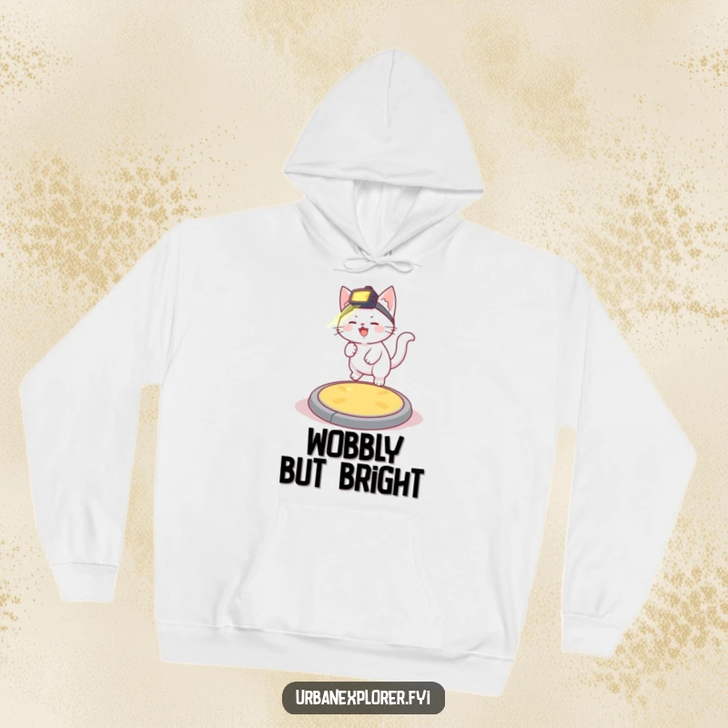 Funny giggling white kitten with a headlamp bouncing on a manhole cover, designed for warmth and humor on a hoodie.