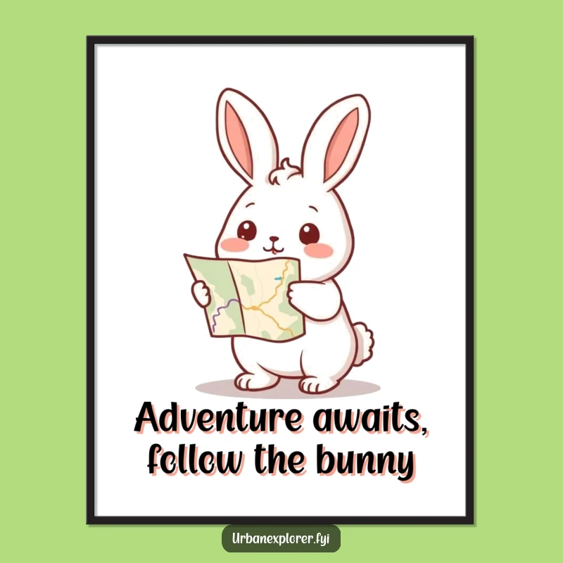 Funny Free Printable Wall Art: Kawaii Rabbit with Map, Whimsical Downloadable Decor