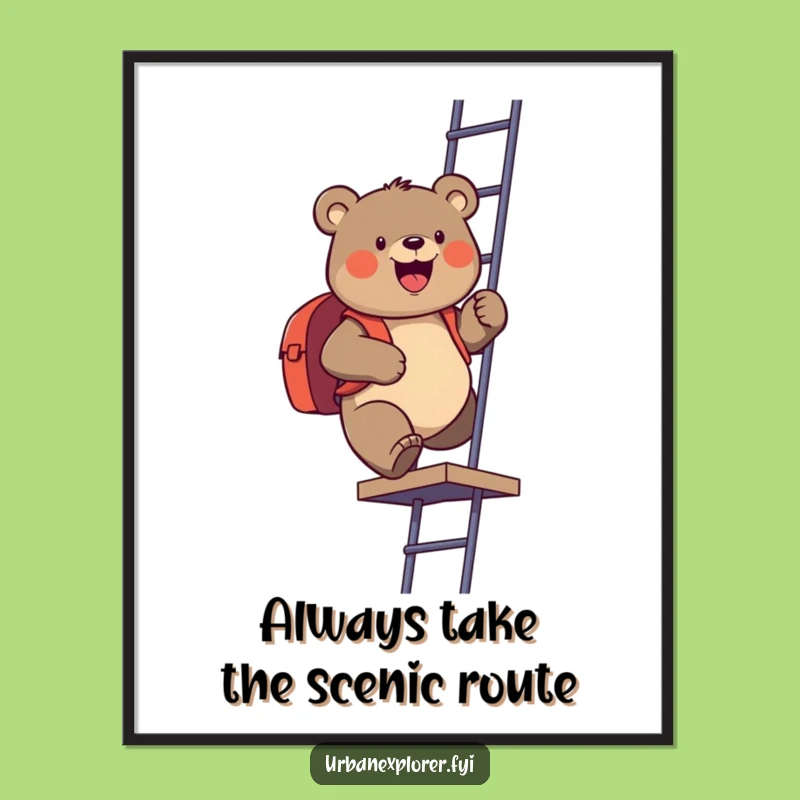 Funny Free Printable Wall Art: Bear Climbing Fire Escape Adventure Downloadable Decor