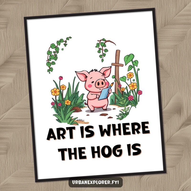 Funny Free Printable Wall Art: Goofy cartoon pig sketching an overgrown, forgotten garden, adding whimsical, artistic charm to any room.