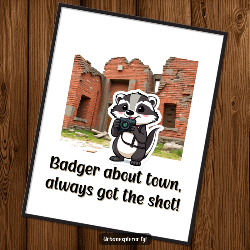 Funny Free Printable Wall Art: Comical badger with camera humorously poses before a crumbling brick building, unique wall decor.