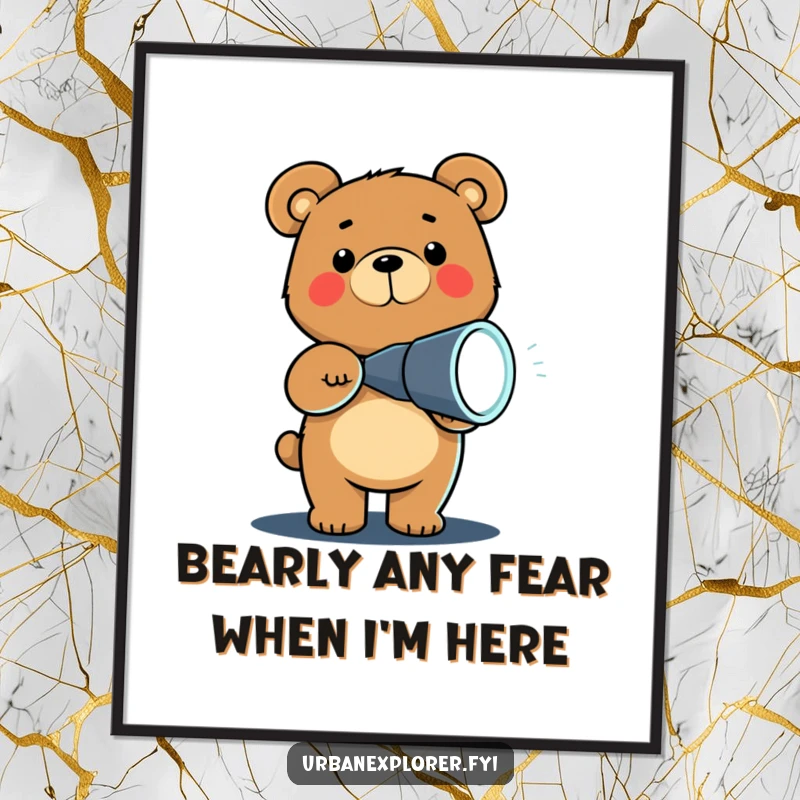 Funny free printable wall art of a chibi bear holding a flashlight in the dark, creating a humorous and cozy atmosphere.