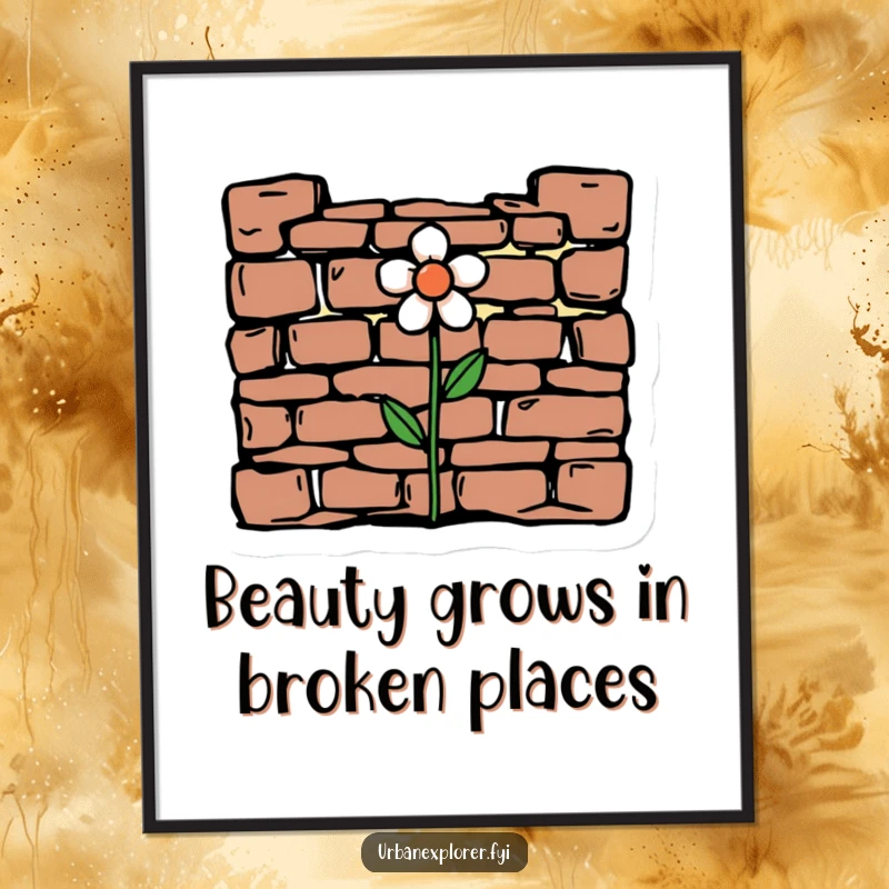 Funny free printable wall art showing a minimalist drawing of crumbling brickwork with a single, resilient flower, conveying hope humorously.