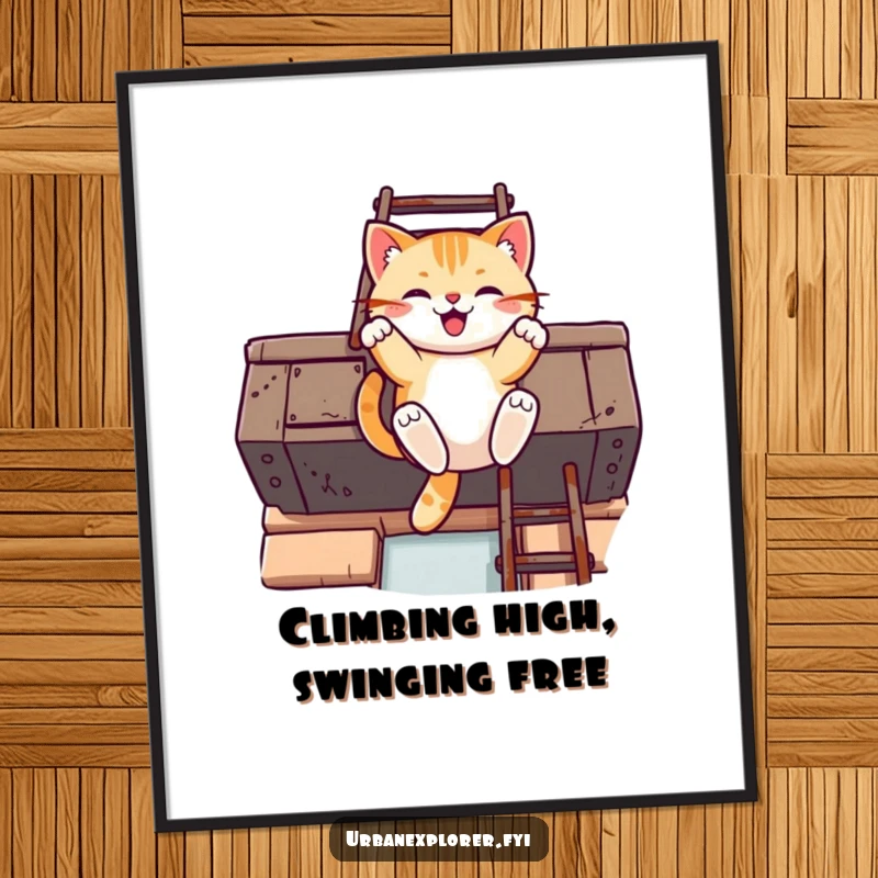 Funny Free Printable Wall Art: A cheerful Kawaii cat energetically swinging from a rusty fire escape ladder, creating a dynamic urban scene.