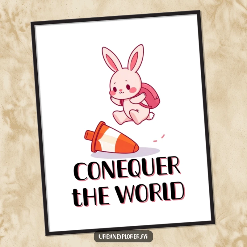 Funny Free Printable Wall Art: Pink bunny with backpack jumps over an upside-down traffic cone with focus.