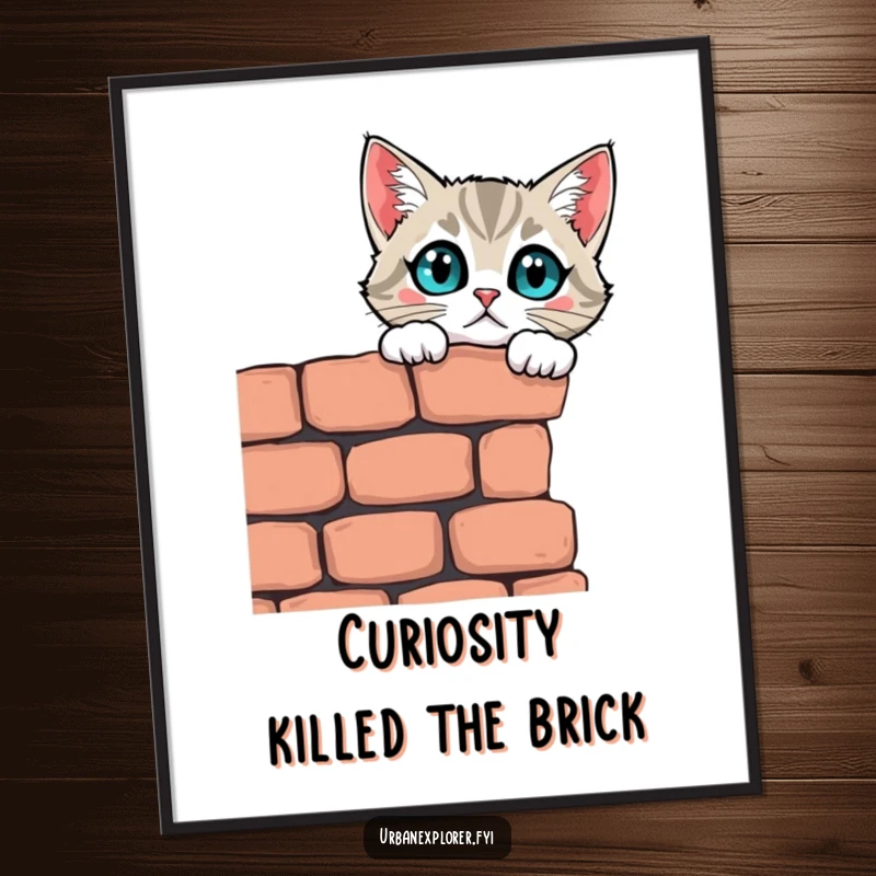 Funny Free Printable Wall Art: Curious cat peering over a crumbling brick wall, eyes wide with pure wonder and fascination.