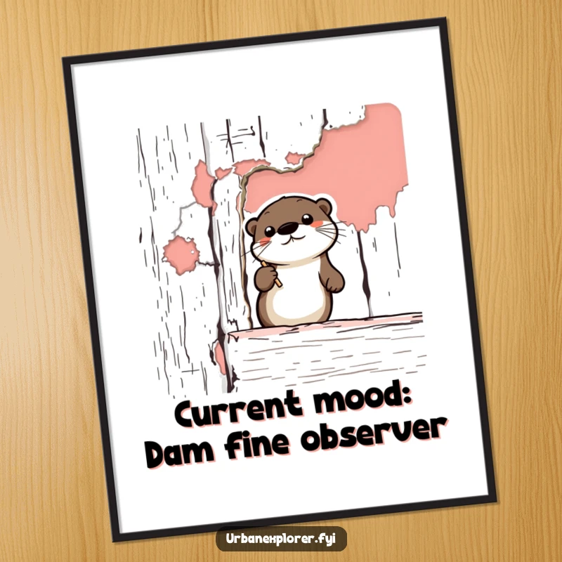 Funny Free Printable Wall Art: A cute cartoon otter diligently documents peeling paint on a vintage structure, adding vintage charm and humor.