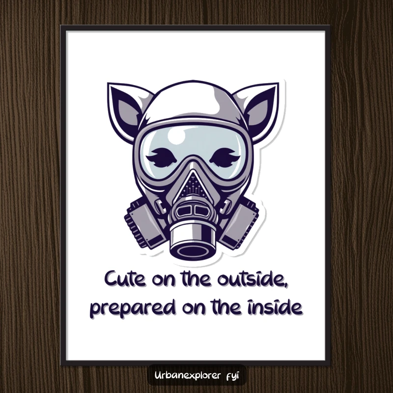 Funny Free Printable Wall Art: A stylized gas mask with cute animal ears, designed for quirky and fashionable downloadable home decor.